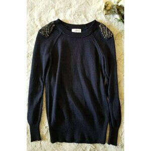 Loft Wool Blend Navy Blue Decorated Sequin Shoulder Sweater Size XS
